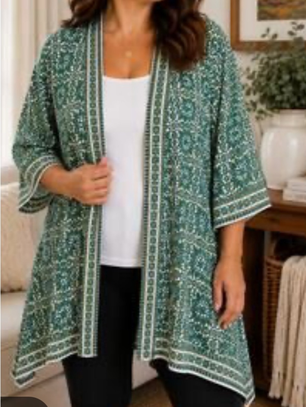 Max Studio Green Printed Open-Front Kimono Cardigan